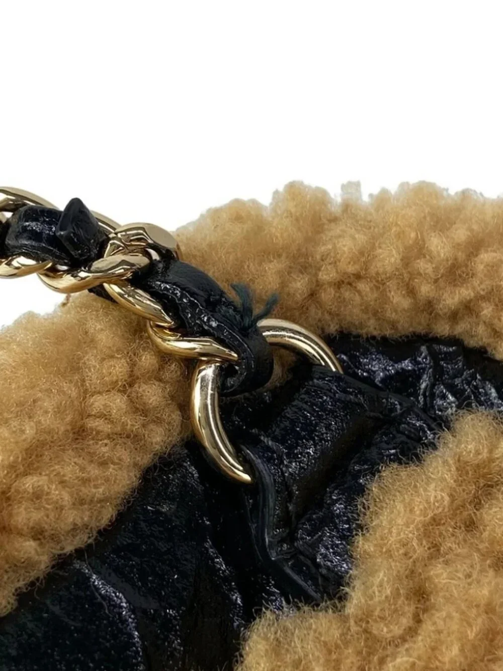 CHANEL CC Fan Black Light Brown Crumpled Sheepskin / Sheared Mouton Bum Bag